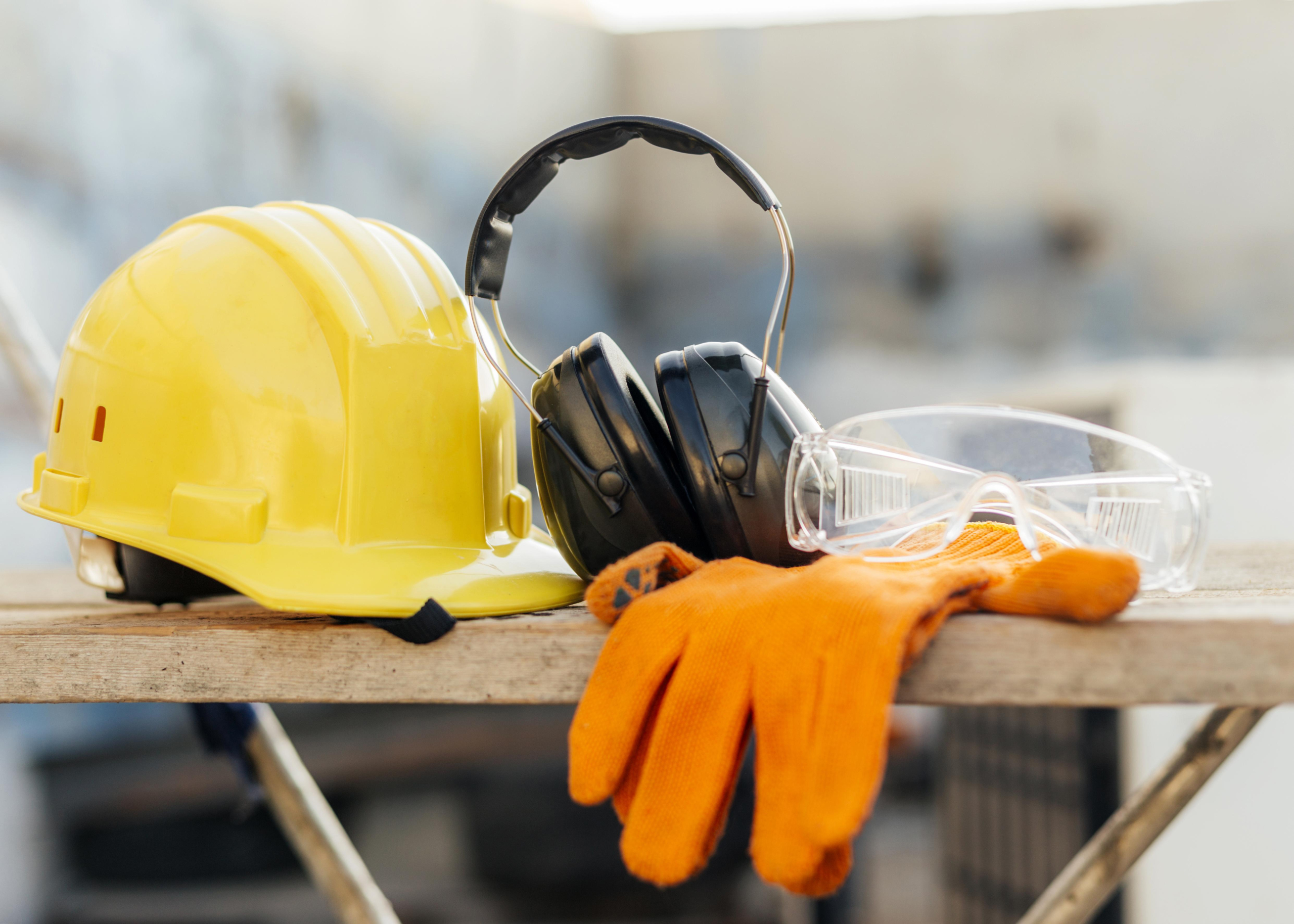 picture of a hard hat, gloves and ear protection.