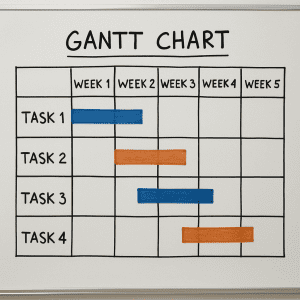 gantt style chart on a white board depicting a project status with tasks and subtasks.