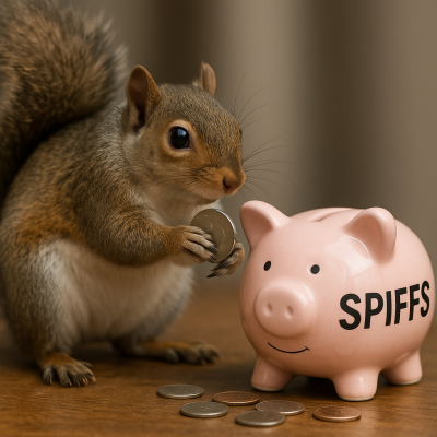 A squirrel putting coins in a piggy bank with the words SPIFF on it