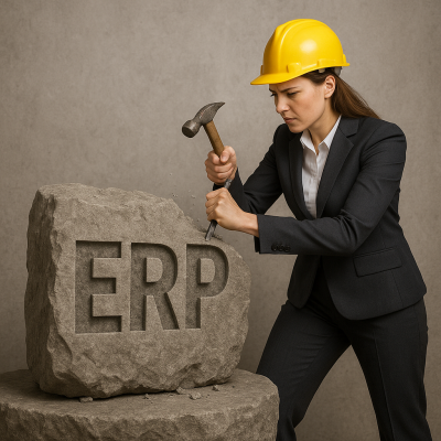 girl chiseling a rock to form the word ERP